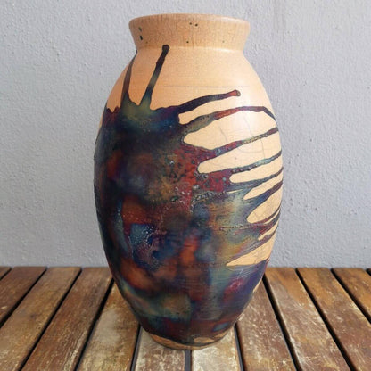 RAAQUU Large Oval Ceramic Vase Half Copper Matte S/N0000490 13.5" Raku Pottery Unique Handmade ceramic pottery raku vases, urns, and home decor, sculptures, wall decor, gifts by Adil Ghani
