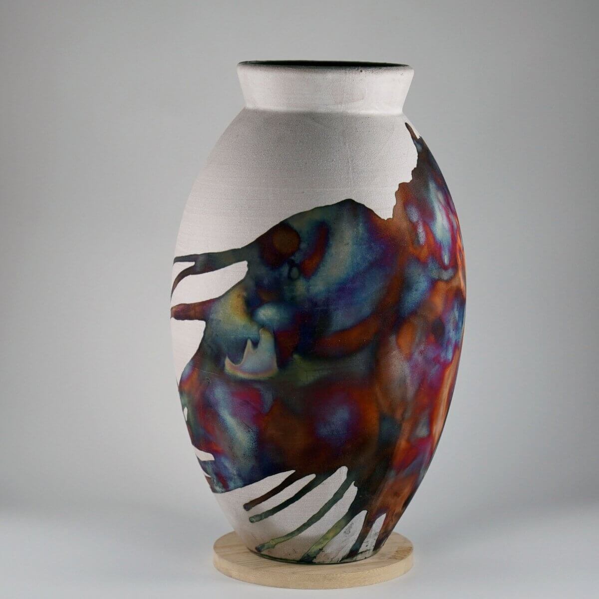 RAAQUU Large Oval Ceramic Vase Half Copper Matte S/N0000538 13.5" Raku Pottery - RAAQUU