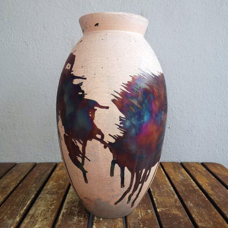 RAAQUU Large Oval Ceramic Vase Half Copper Matte S/N0000556 13.5" Raku Pottery Unique Handmade ceramic pottery raku vases, urns, and home decor, sculptures, wall decor, gifts by Adil Ghani