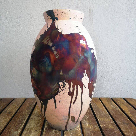 RAAQUU Large Oval Ceramic Vase Half Copper Matte S/N0000556 13.5" Raku Pottery Unique Handmade ceramic pottery raku vases, urns, and home decor, sculptures, wall decor, gifts by Adil Ghani