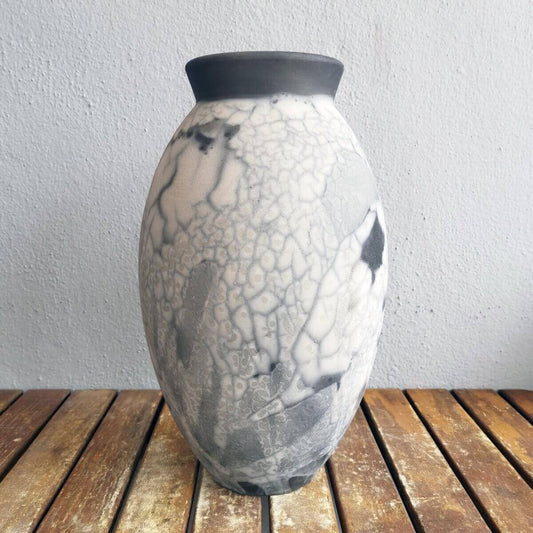 RAAQUU Large Oval Ceramic Vase Smoked Raku S/N0000374 13.5" Raku Pottery Unique Handmade ceramic pottery raku vases, urns, and home decor, sculptures, wall decor, gifts by Adil Ghani