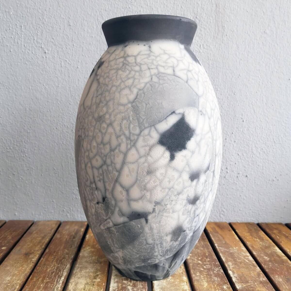 RAAQUU Large Oval Ceramic Vase Smoked Raku S/N0000374 13.5" Raku Pottery Unique Handmade ceramic pottery raku vases, urns, and home decor, sculptures, wall decor, gifts by Adil Ghani