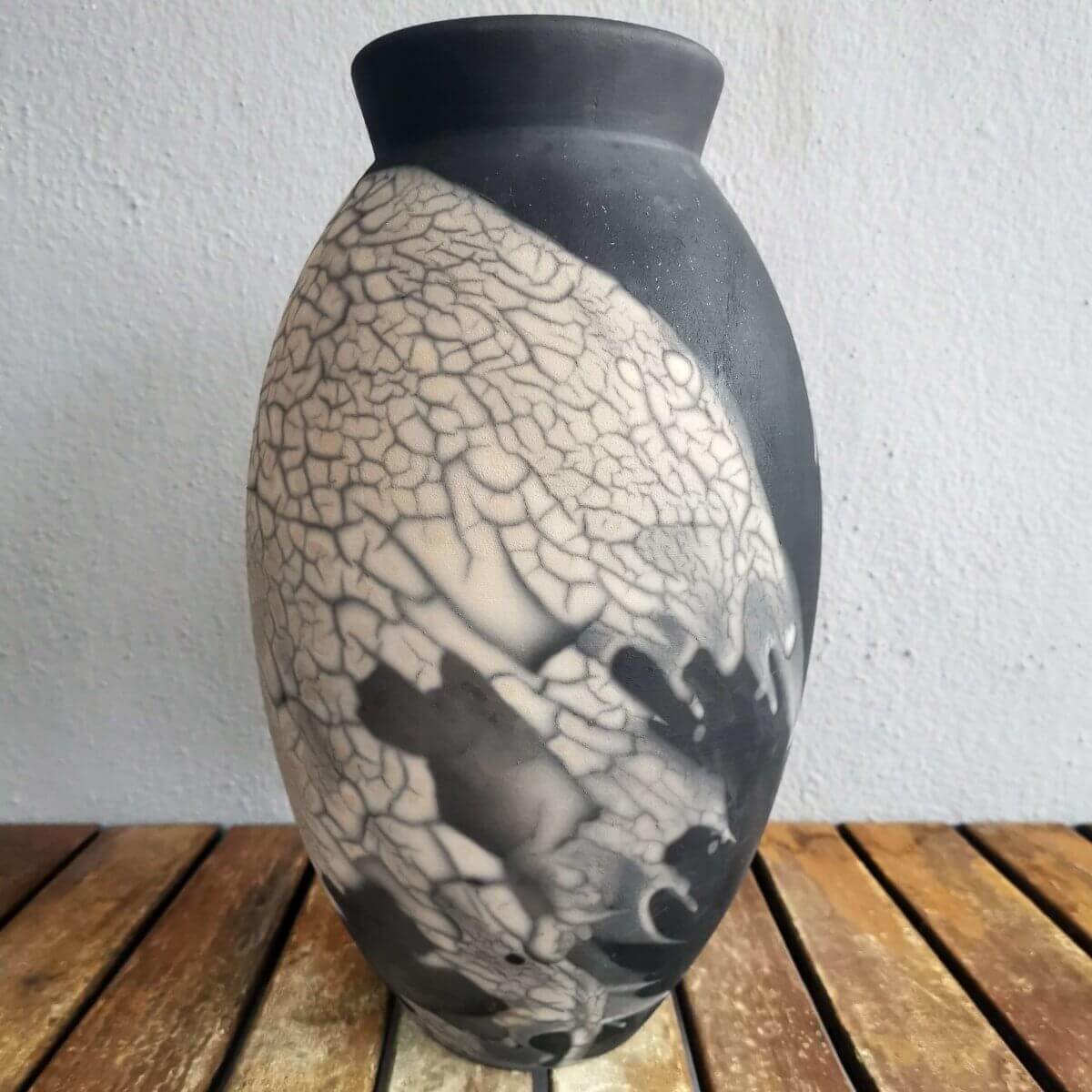 RAAQUU Large Oval Ceramic Vase Smoked Raku S/N0000600 13.5" Raku Pottery Unique Handmade ceramic pottery raku vases, urns, and home decor, sculptures, wall decor, gifts by Adil Ghani