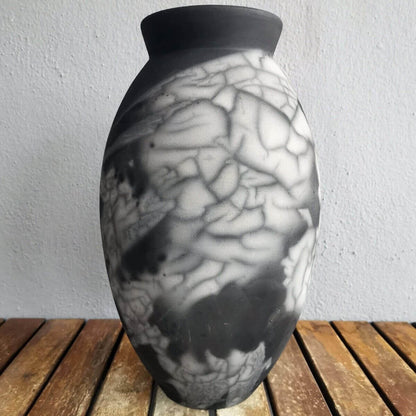 RAAQUU Large Oval Ceramic Vase Smoked Raku S/N0000621 13.5" Raku Pottery Unique Handmade ceramic pottery raku vases, urns, and home decor, sculptures, wall decor, gifts by Adil Ghani