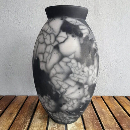RAAQUU Large Oval Ceramic Vase Smoked Raku S/N0000621 13.5" Raku Pottery Unique Handmade ceramic pottery raku vases, urns, and home decor, sculptures, wall decor, gifts by Adil Ghani