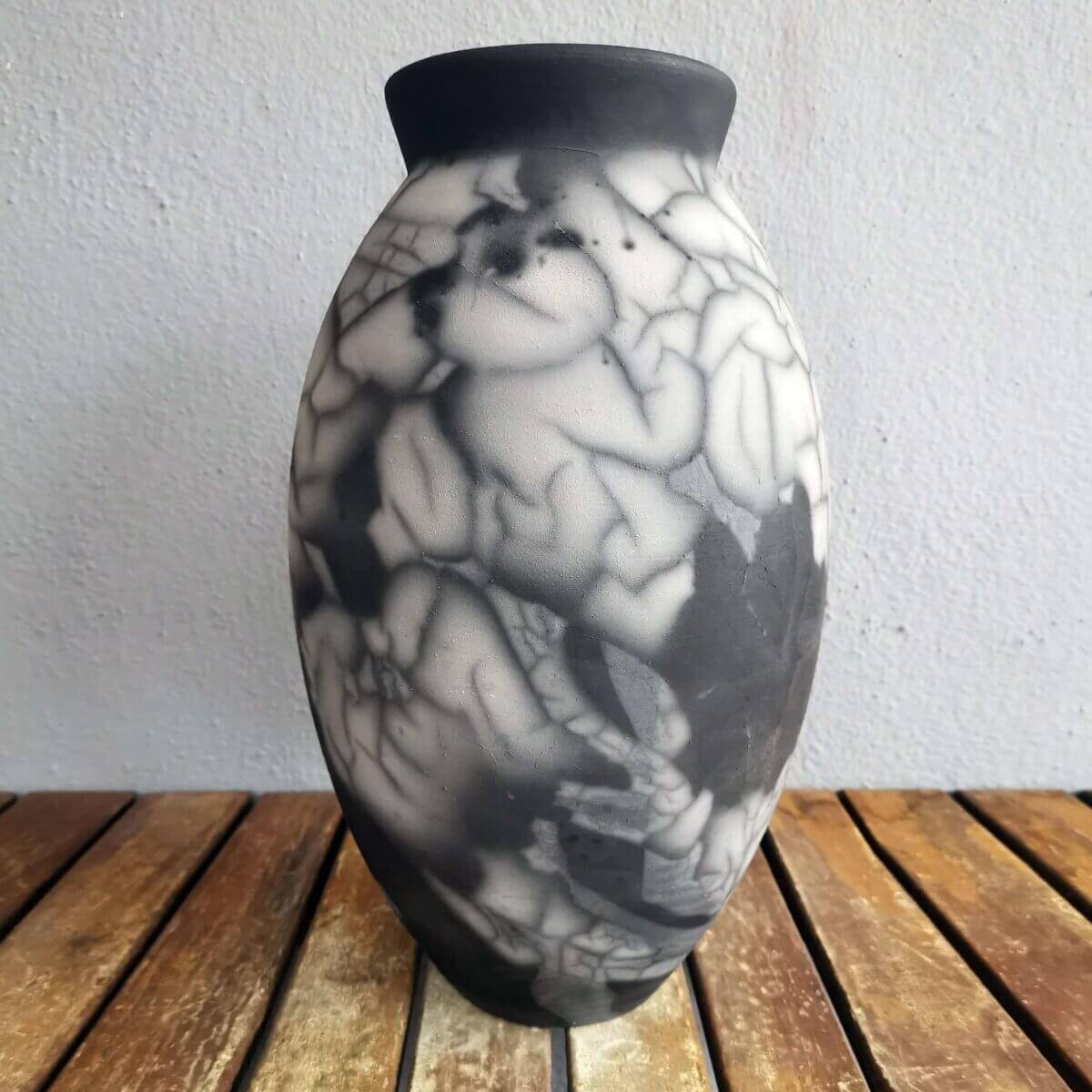 RAAQUU Large Oval Ceramic Vase Smoked Raku S/N0000621 13.5" Raku Pottery Unique Handmade ceramic pottery raku vases, urns, and home decor, sculptures, wall decor, gifts by Adil Ghani