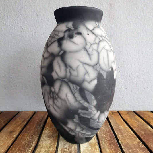 RAAQUU Large Oval Ceramic Vase Smoked Raku S/N0000621 13.5" Raku Pottery Unique Handmade ceramic pottery raku vases, urns, and home decor, sculptures, wall decor, gifts by Adil Ghani