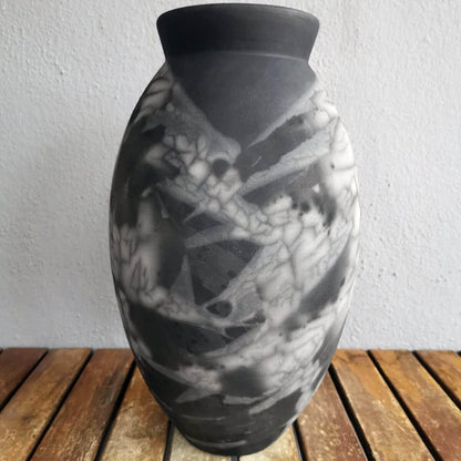 RAAQUU Large Oval Ceramic Vase Smoked Raku S/N0000621 13.5" Raku Pottery Unique Handmade ceramic pottery raku vases, urns, and home decor, sculptures, wall decor, gifts by Adil Ghani