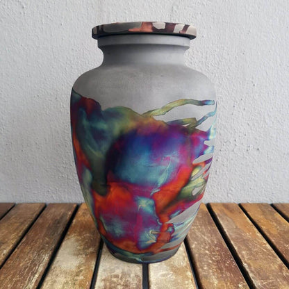RAAQUU Omoide Ceramic Carbon Copper Urn for Adult Remains/Ashes S/N8000020 - Raku Pottery 170 cubic inches Unique Handmade Cremation Vessel Unique Handmade ceramic pottery raku vases, urns, and home decor, sculptures, wall decor, gifts by Adil Ghani