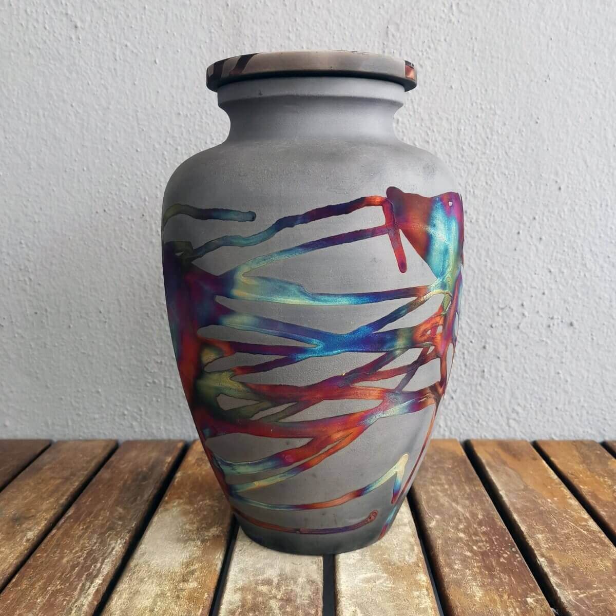 RAAQUU Omoide Ceramic Carbon Copper Urn for Adult Remains/Ashes S/N8000020 - Raku Pottery 170 cubic inches Unique Handmade Cremation Vessel Unique Handmade ceramic pottery raku vases, urns, and home decor, sculptures, wall decor, gifts by Adil Ghani