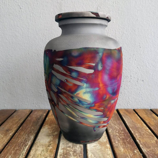 RAAQUU Omoide Ceramic Carbon Copper Urn for Adult Remains/Ashes S/N8000020 - Raku Pottery 170 cubic inches Unique Handmade Cremation Vessel Unique Handmade ceramic pottery raku vases, urns, and home decor, sculptures, wall decor, gifts by Adil Ghani