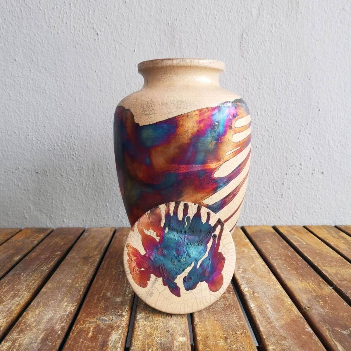 RAAQUU Omoide Ceramic Half Copper Matte Urn for Adult Remains/Ashes S/N8000001 - Raku Pottery 170 cubic inches Unique Handmade Cremation Vessel Unique Handmade ceramic pottery raku vases, urns, and home decor, sculptures, wall decor, gifts by Adil Ghani