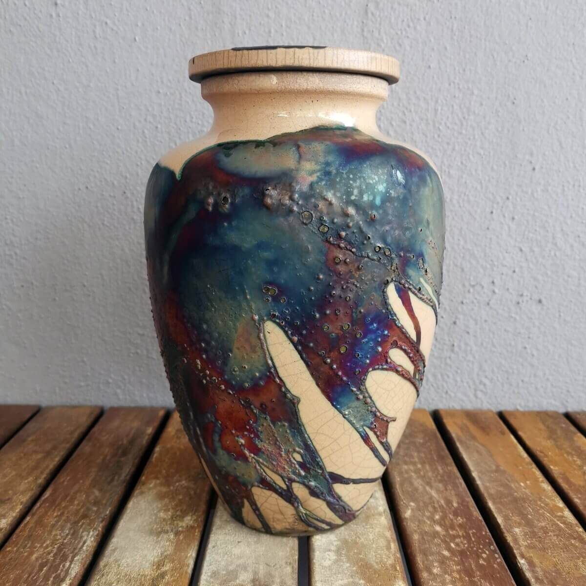 RAAQUU Omoide Ceramic Half Copper Matte Urn for Adult Remains/Ashes S/N8000021 - Raku Pottery 170 cubic inches Unique Handmade Cremation Vessel Unique Handmade ceramic pottery raku vases, urns, and home decor, sculptures, wall decor, gifts by Adil Ghani