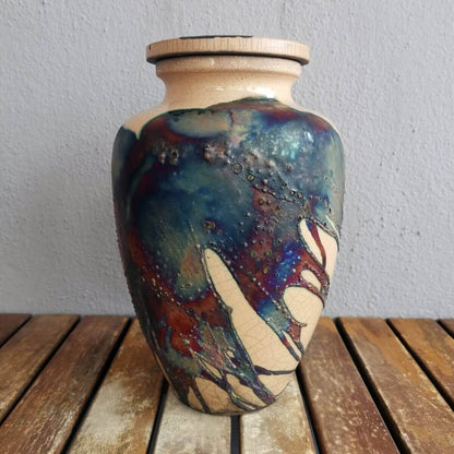 RAAQUU Omoide Ceramic Half Copper Matte Urn for Adult Remains/Ashes S/N8000021 - Raku Pottery 170 cubic inches Unique Handmade Cremation Vessel Unique Handmade ceramic pottery raku vases, urns, and home decor, sculptures, wall decor, gifts by Adil Ghani