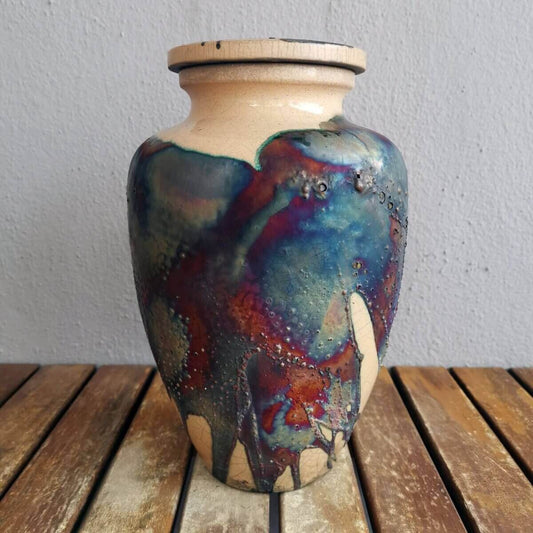 RAAQUU Omoide Ceramic Half Copper Matte Urn for Adult Remains/Ashes S/N8000021 - Raku Pottery 170 cubic inches Unique Handmade Cremation Vessel Unique Handmade ceramic pottery raku vases, urns, and home decor, sculptures, wall decor, gifts by Adil Ghani