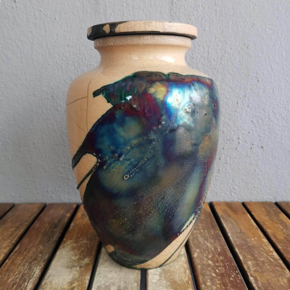 RAAQUU Omoide Ceramic Half Copper Matte Urn for Adult Remains/Ashes S/N8000021 - Raku Pottery 170 cubic inches Unique Handmade Cremation Vessel Unique Handmade ceramic pottery raku vases, urns, and home decor, sculptures, wall decor, gifts by Adil Ghani