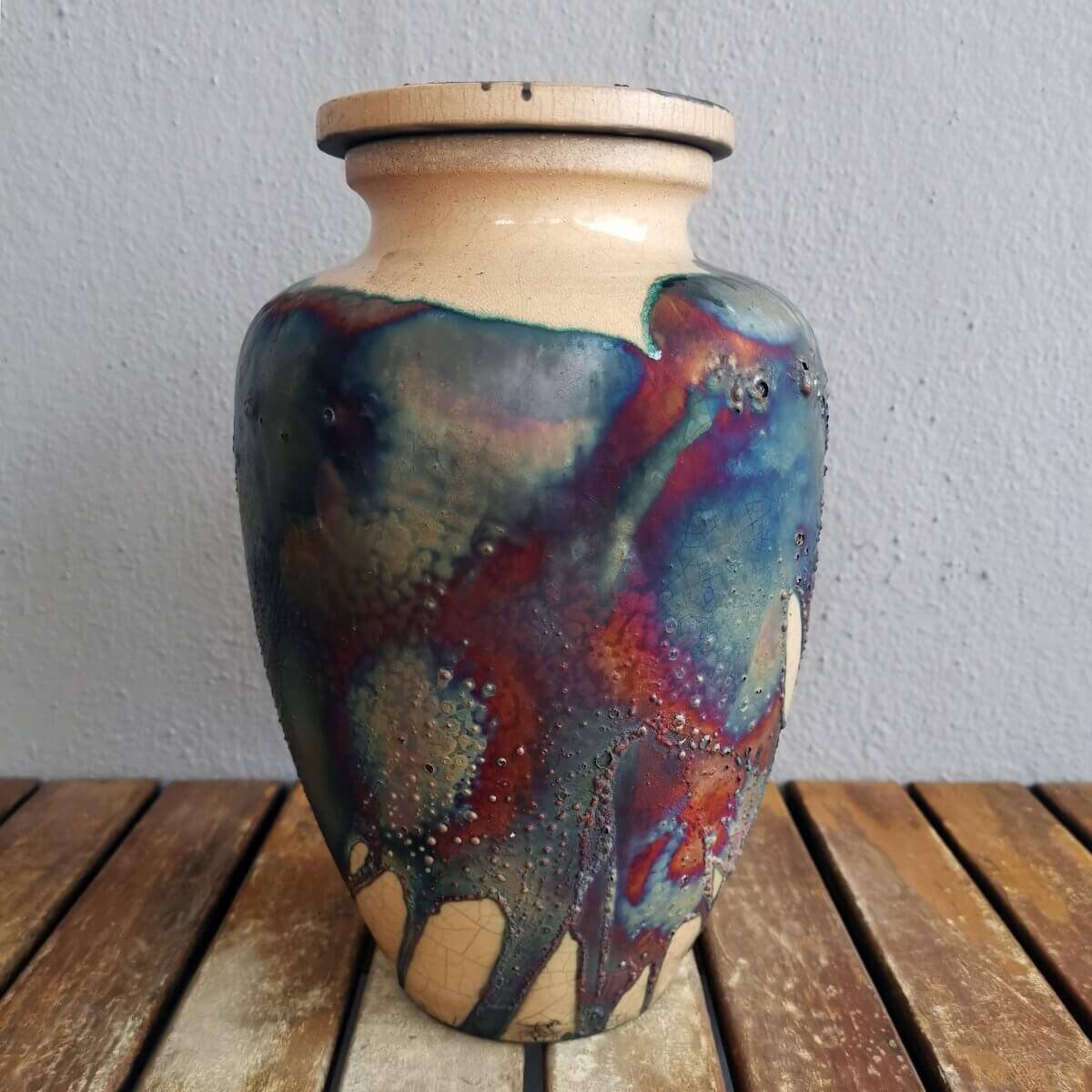 RAAQUU Omoide Ceramic Half Copper Matte Urn for Adult Remains/Ashes S/N8000021 - Raku Pottery 170 cubic inches Unique Handmade Cremation Vessel Unique Handmade ceramic pottery raku vases, urns, and home decor, sculptures, wall decor, gifts by Adil Ghani