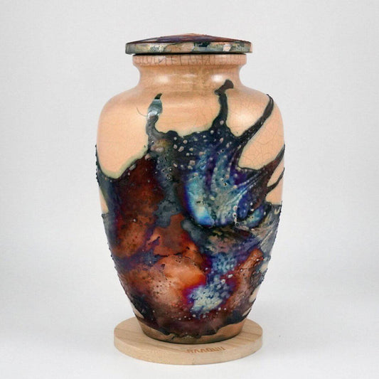 RAAQUU Omoide Ceramic Half Copper Matte Urn for Adult Remains/Ashes S/N8000087 - Raku Pottery 170 cubic inches Unique Handmade Cremation Vessel Unique Handmade ceramic pottery raku vases, urns, and home decor, sculptures, wall decor, gifts by Adil Ghani