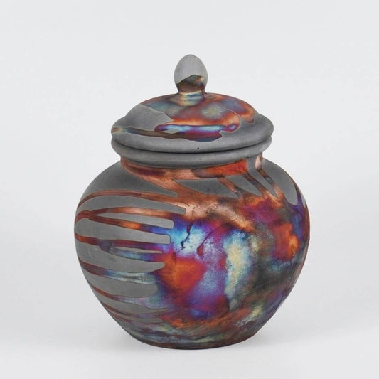 RAAQUU Tamashii Ceramic Carbon Copper Pet Urn for Remains/Ashes S/N8000073 - Raku Pottery 85 cubic inches Unique Handmade Cremation Vessel Unique Handmade ceramic pottery raku vases, urns, and home decor, sculptures, wall decor, gifts by Adil Ghani