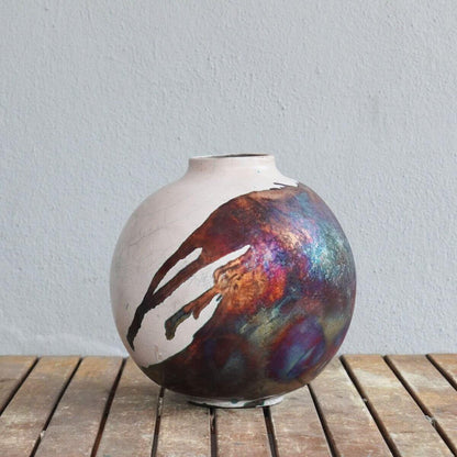 RAAQUU Large Globe Ceramic Vase Half Copper Matte S/N0000472 11" Raku Pottery Unique Handmade ceramic pottery raku vases, urns, and home decor, sculptures, wall decor, gifts by Adil Ghani