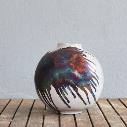 RAAQUU Large Globe Ceramic Vase Half Copper Matte S/N0000472 11" Raku Pottery Unique Handmade ceramic pottery raku vases, urns, and home decor, sculptures, wall decor, gifts by Adil Ghani