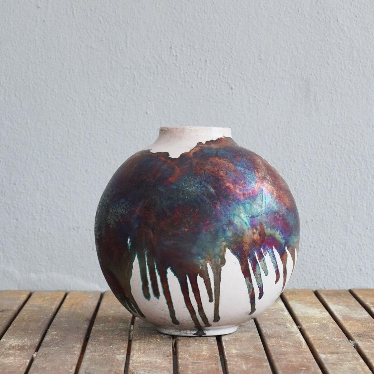 RAAQUU Large Globe Ceramic Vase Half Copper Matte S/N0000472 11" Raku Pottery Unique Handmade ceramic pottery raku vases, urns, and home decor, sculptures, wall decor, gifts by Adil Ghani