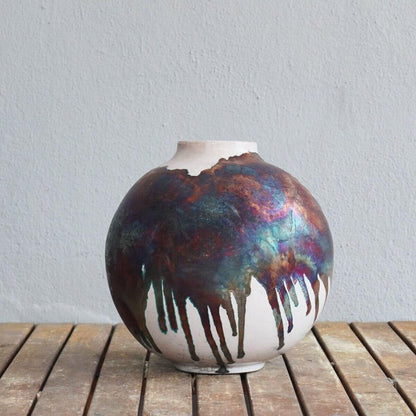 RAAQUU Large Globe Ceramic Vase Half Copper Matte S/N0000472 11" Raku Pottery Unique Handmade ceramic pottery raku vases, urns, and home decor, sculptures, wall decor, gifts by Adil Ghani