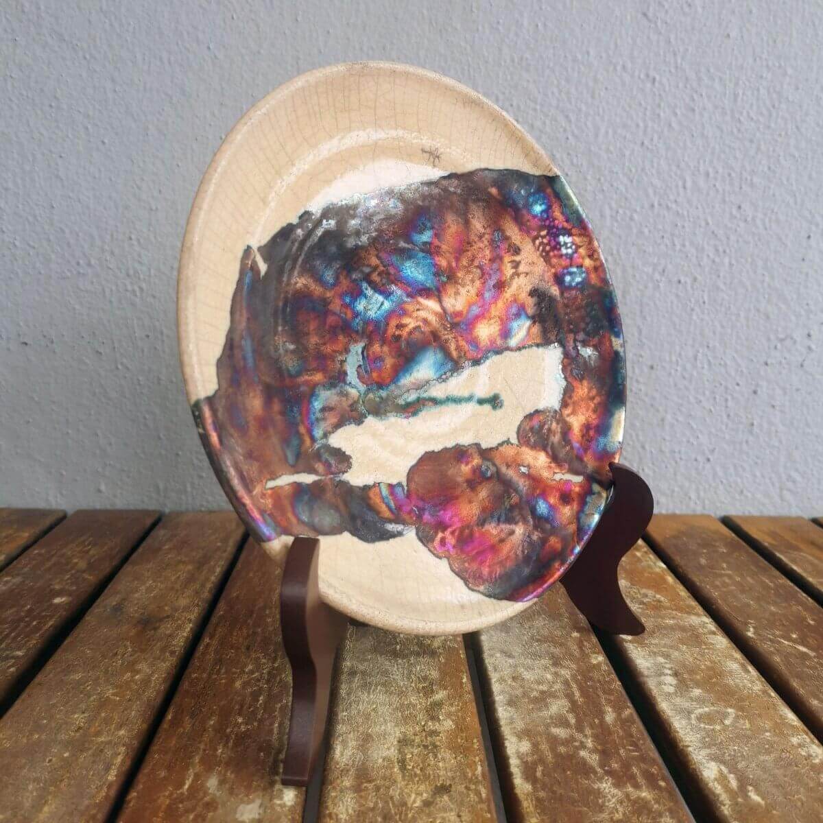 SARA Raku ceramic pottery plate with holder and custom engraving Unique Handmade ceramic pottery raku vases, urns, and home decor, sculptures, wall decor, gifts by Adil Ghani