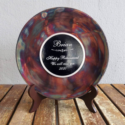 SARA Raku ceramic pottery plate with holder and custom engraving Unique Handmade ceramic pottery raku vases, urns, and home decor, sculptures, wall decor, gifts by Adil Ghani