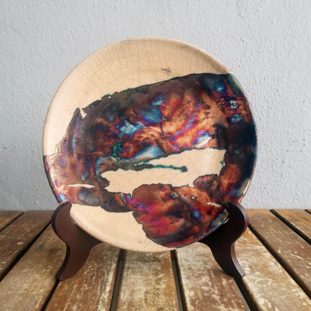 SARA Raku ceramic pottery plate with holder and custom engraving Unique Handmade ceramic pottery raku vases, urns, and home decor, sculptures, wall decor, gifts by Adil Ghani