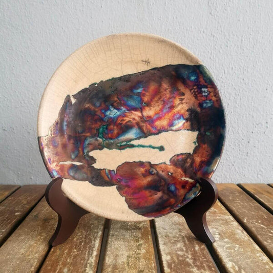 SARA Raku ceramic pottery plate with holder and custom engraving Unique Handmade ceramic pottery raku vases, urns, and home decor, sculptures, wall decor, gifts by Adil Ghani