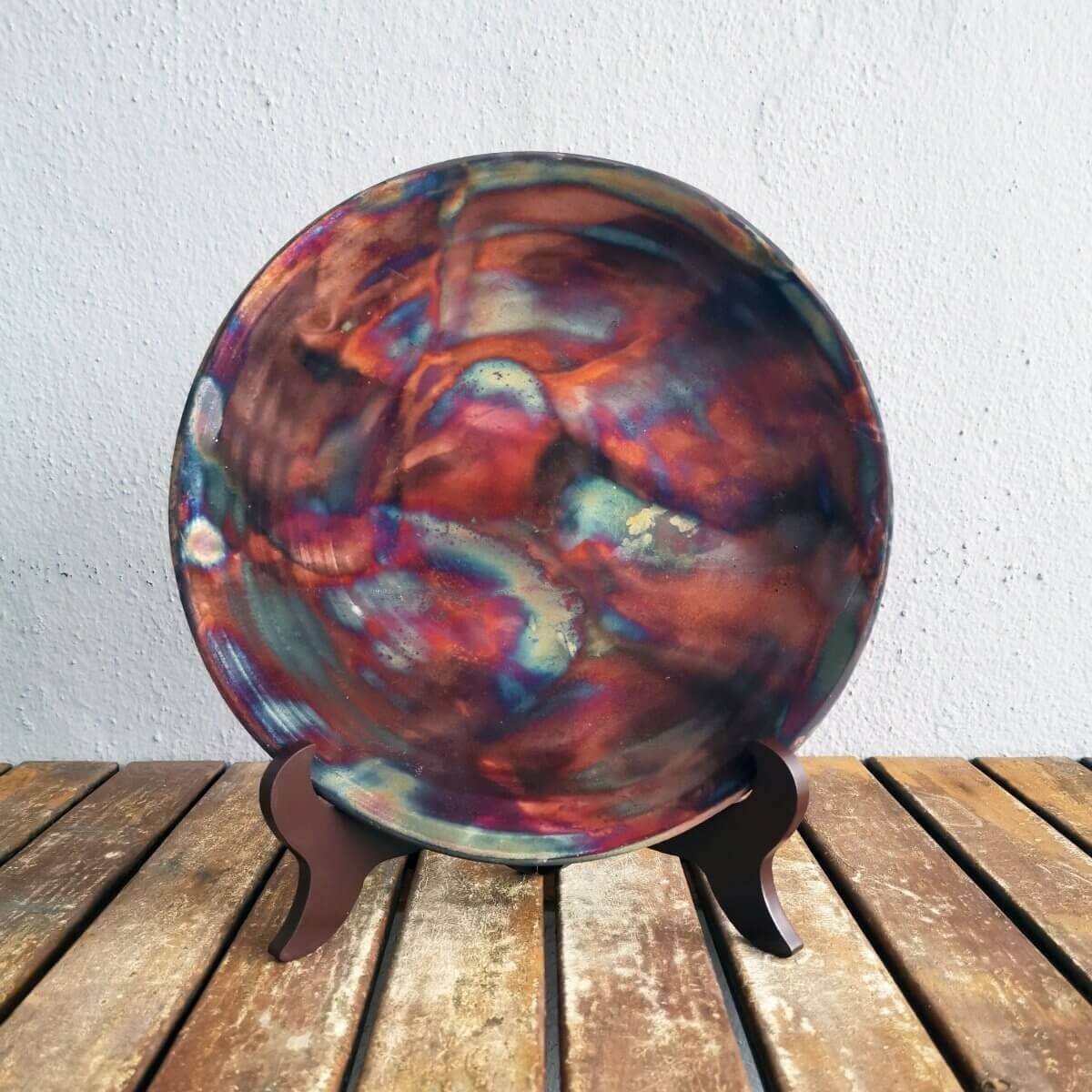 SARA Raku ceramic pottery plate with holder and custom engraving Unique Handmade ceramic pottery raku vases, urns, and home decor, sculptures, wall decor, gifts by Adil Ghani