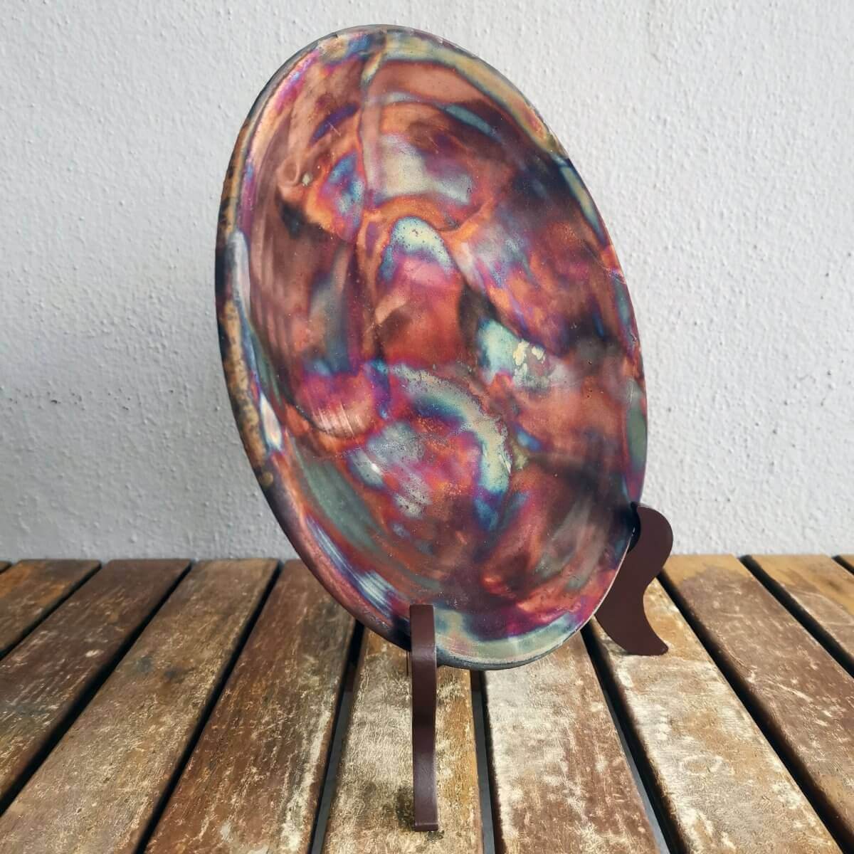 SARA Raku ceramic pottery plate with holder and custom engraving Unique Handmade ceramic pottery raku vases, urns, and home decor, sculptures, wall decor, gifts by Adil Ghani