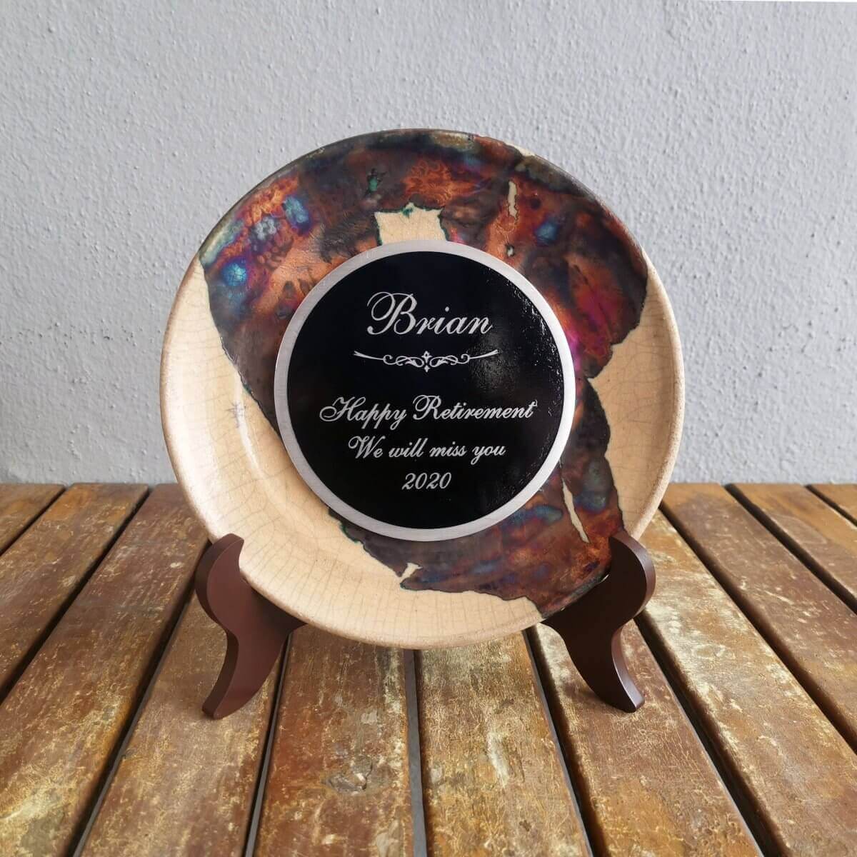 SARA Raku ceramic pottery plate with holder and custom engraving Unique Handmade ceramic pottery raku vases, urns, and home decor, sculptures, wall decor, gifts by Adil Ghani