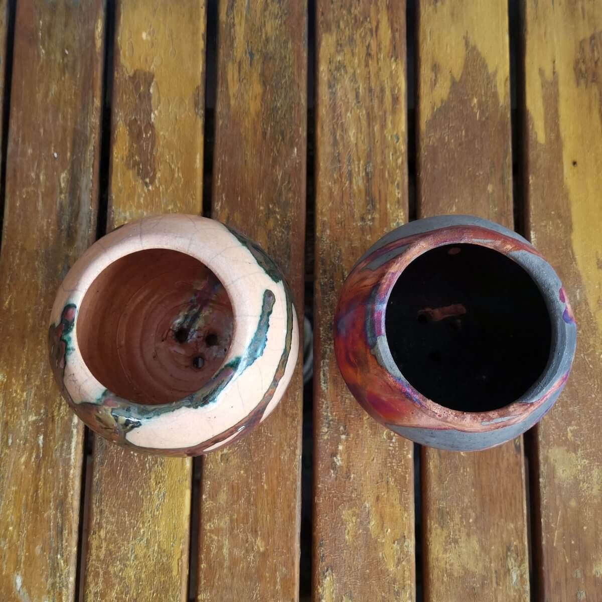 Tsuchi Ceramic Raku Pottery Planter Pot Mixed Finish Set of 2 Unique Handmade ceramic pottery raku vases, urns, and home decor, sculptures, wall decor, gifts by Adil Ghani