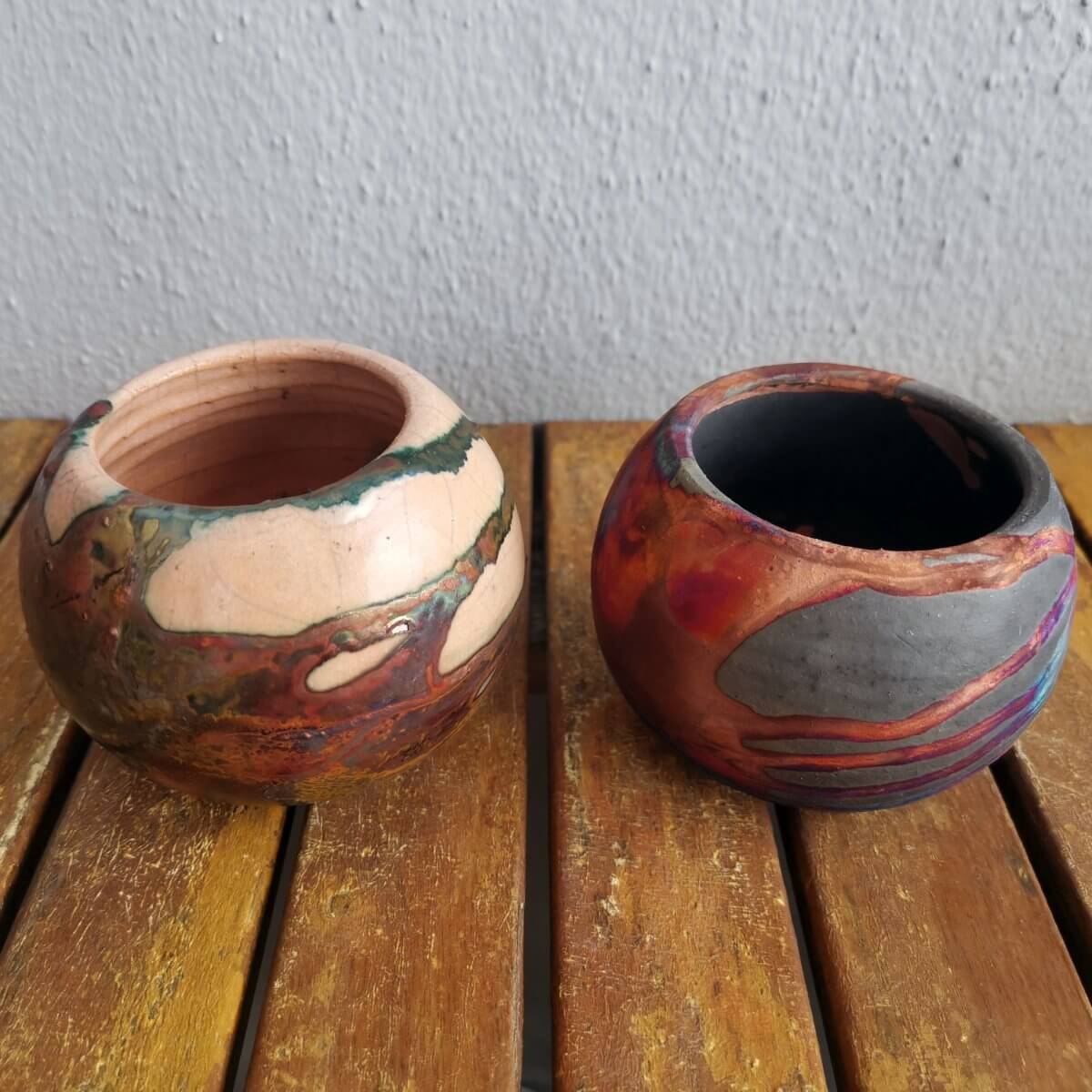 Tsuchi Ceramic Raku Pottery Planter Pot Mixed Finish Set of 2 Unique Handmade ceramic pottery raku vases, urns, and home decor, sculptures, wall decor, gifts by Adil Ghani
