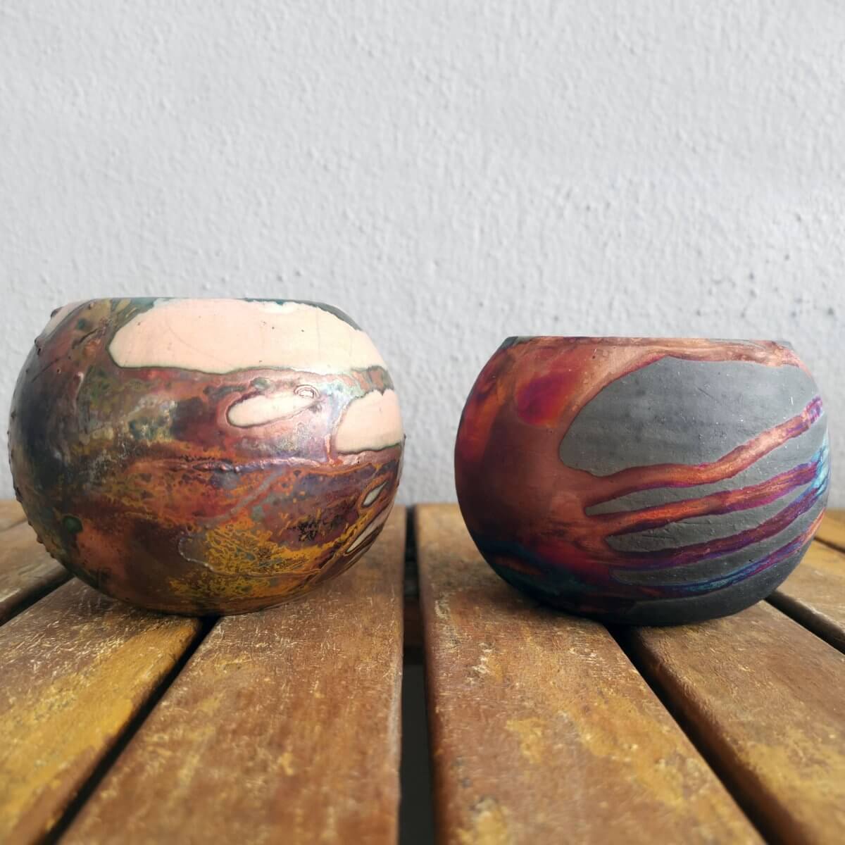 Tsuchi Ceramic Raku Pottery Planter Pot Mixed Finish Set of 2 Unique Handmade ceramic pottery raku vases, urns, and home decor, sculptures, wall decor, gifts by Adil Ghani