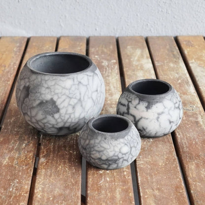 Tsuchi Ceramic Raku Pottery Planter Pot Set of 3 Unique Handmade ceramic pottery raku vases, urns, and home decor, sculptures, wall decor, gifts by Adil Ghani