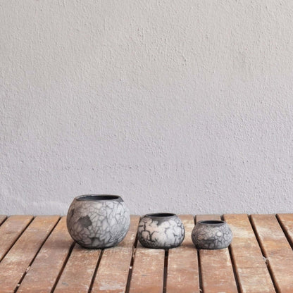 Tsuchi Ceramic Raku Pottery Planter Pot Set of 3 Unique Handmade ceramic pottery raku vases, urns, and home decor, sculptures, wall decor, gifts by Adil Ghani